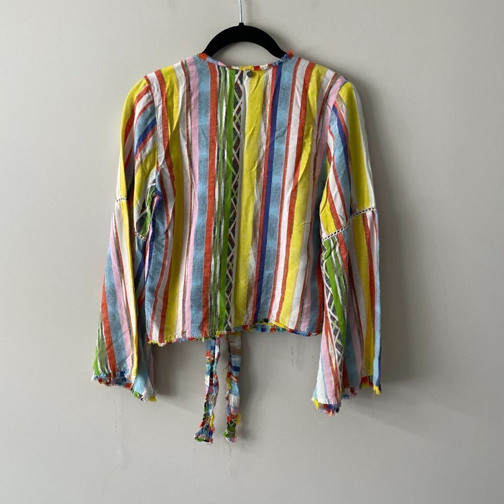 Z & L Striped Cropped Top Long Sleeve Tie Front Yellow Blue Small - Picture 3 of 7